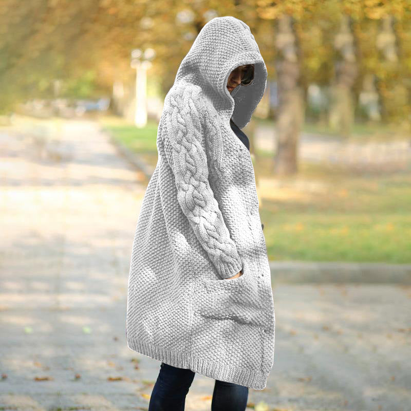 Women's Hooded Single-breasted Slim Street Hipster Long Knitwear
