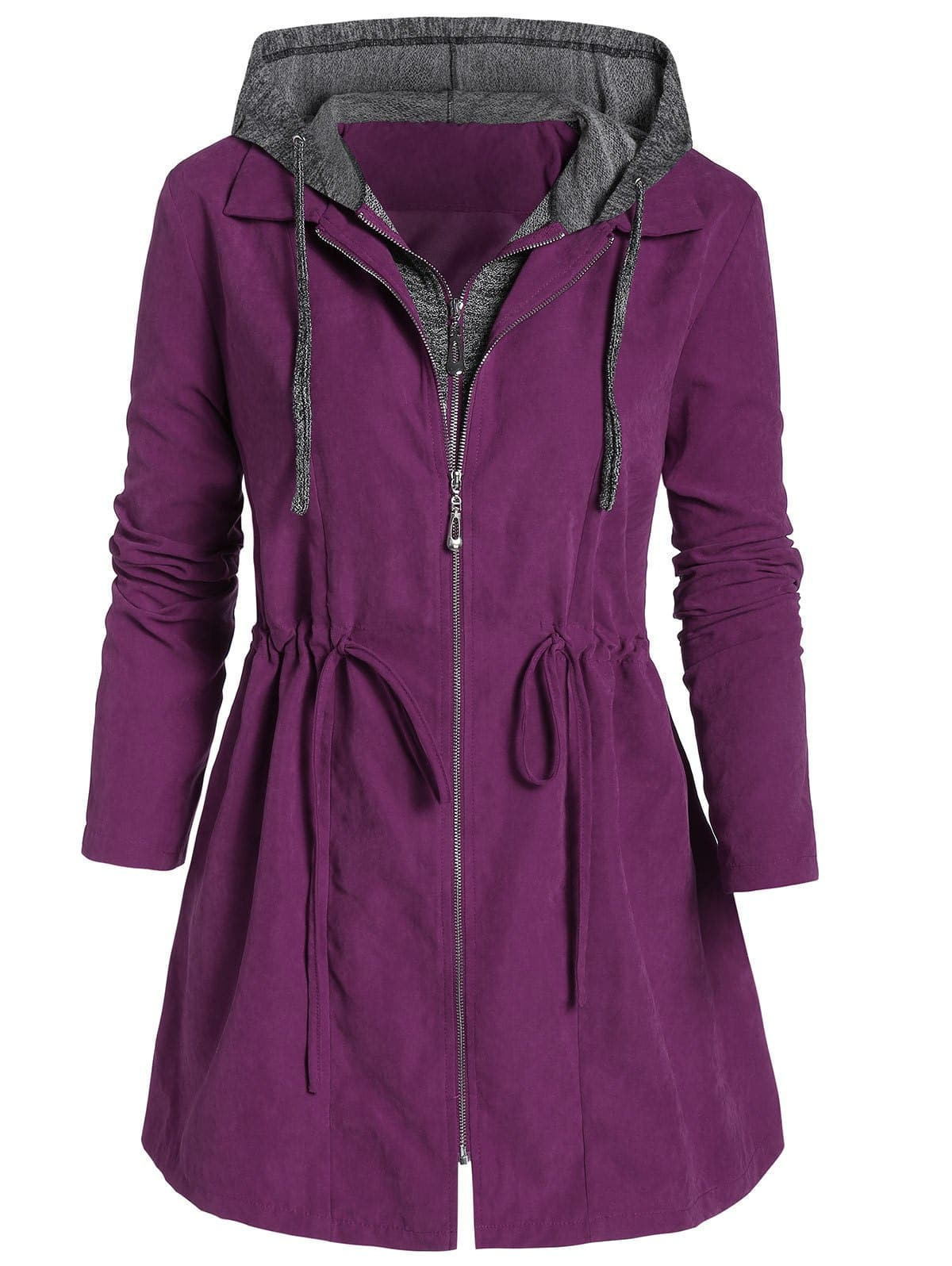 Women's Mid-length Zipper Fake Two-piece Hooded Style Coats