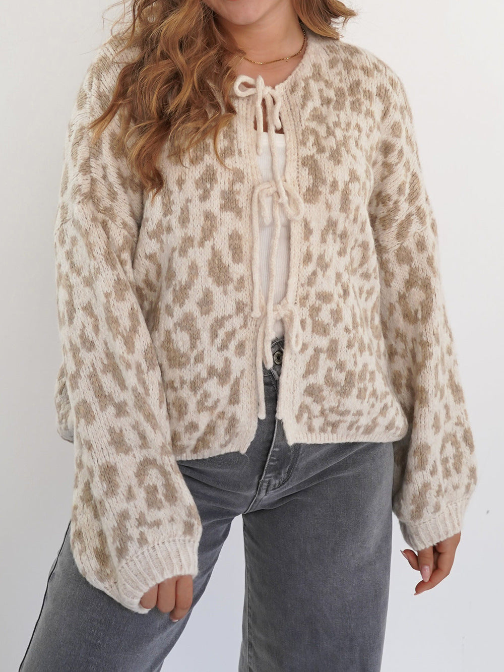 Women's Round Neck Tied Knitted Vintage Leopard Knitwear