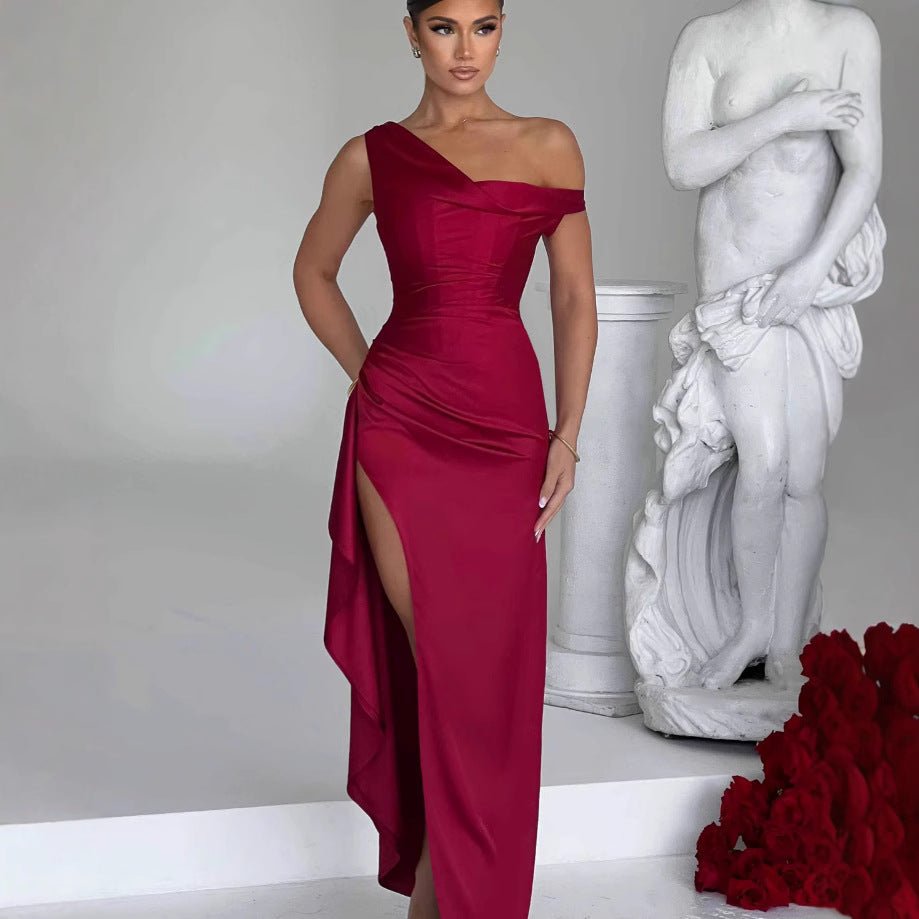 Hot Shoulder Satin Waist Dress Winter Dresses