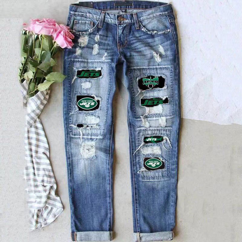 Women's Street Skull Print Ripped Straight Denim Jeans