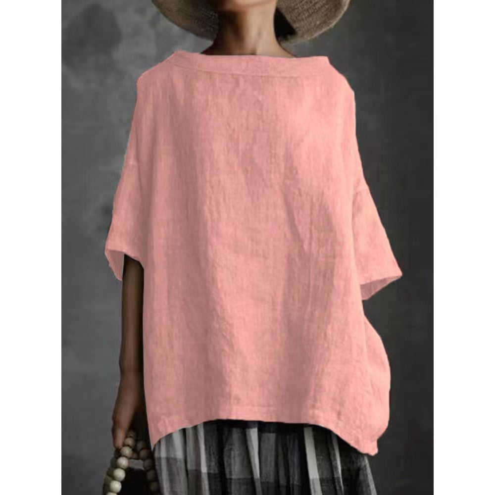 Women's Neck Cotton Linen Style Solid Color Blouses