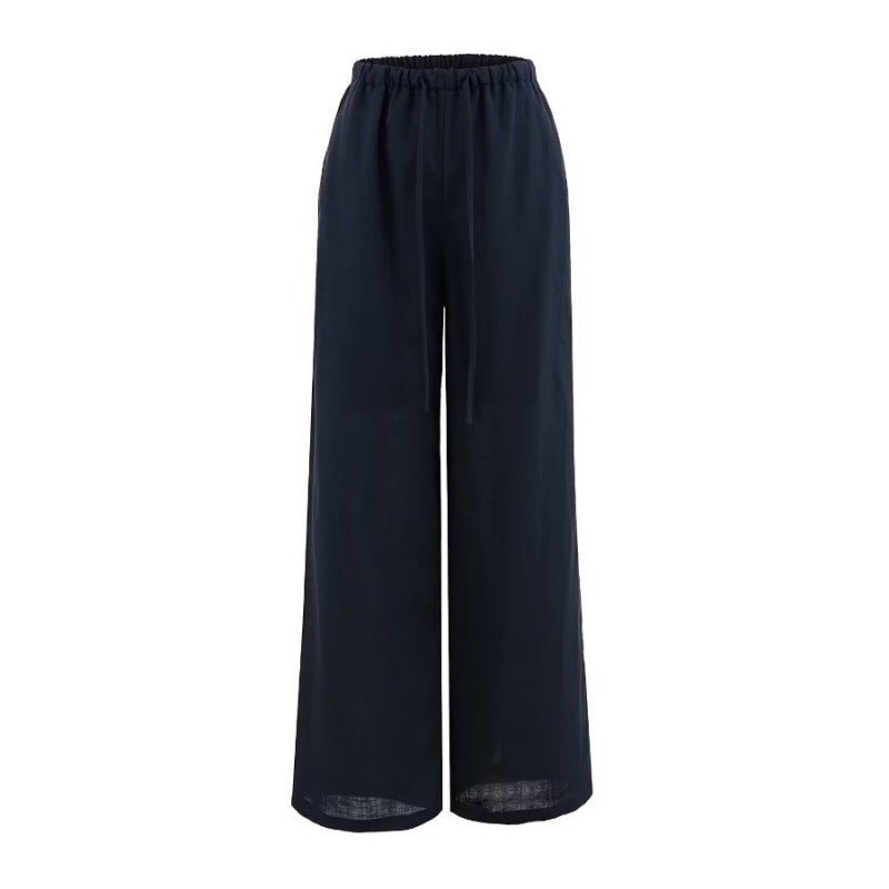Women's Summer Breathing Linen Narrow Waist Drawstring Casual Wide Pants