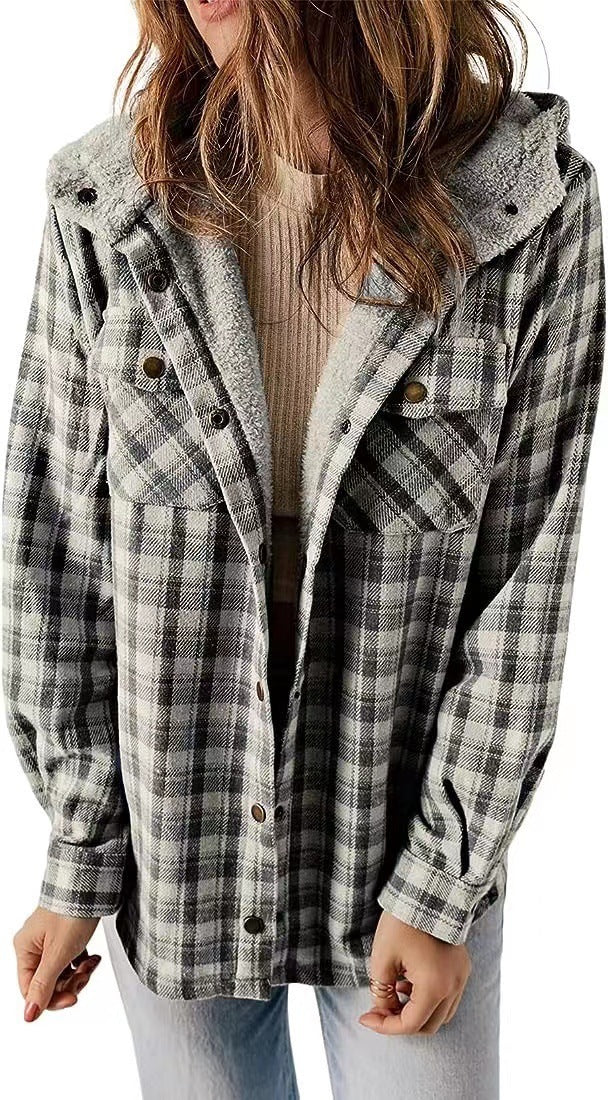 Women's Plush Shirt Casual Plaid Hooded Woolen Jackets