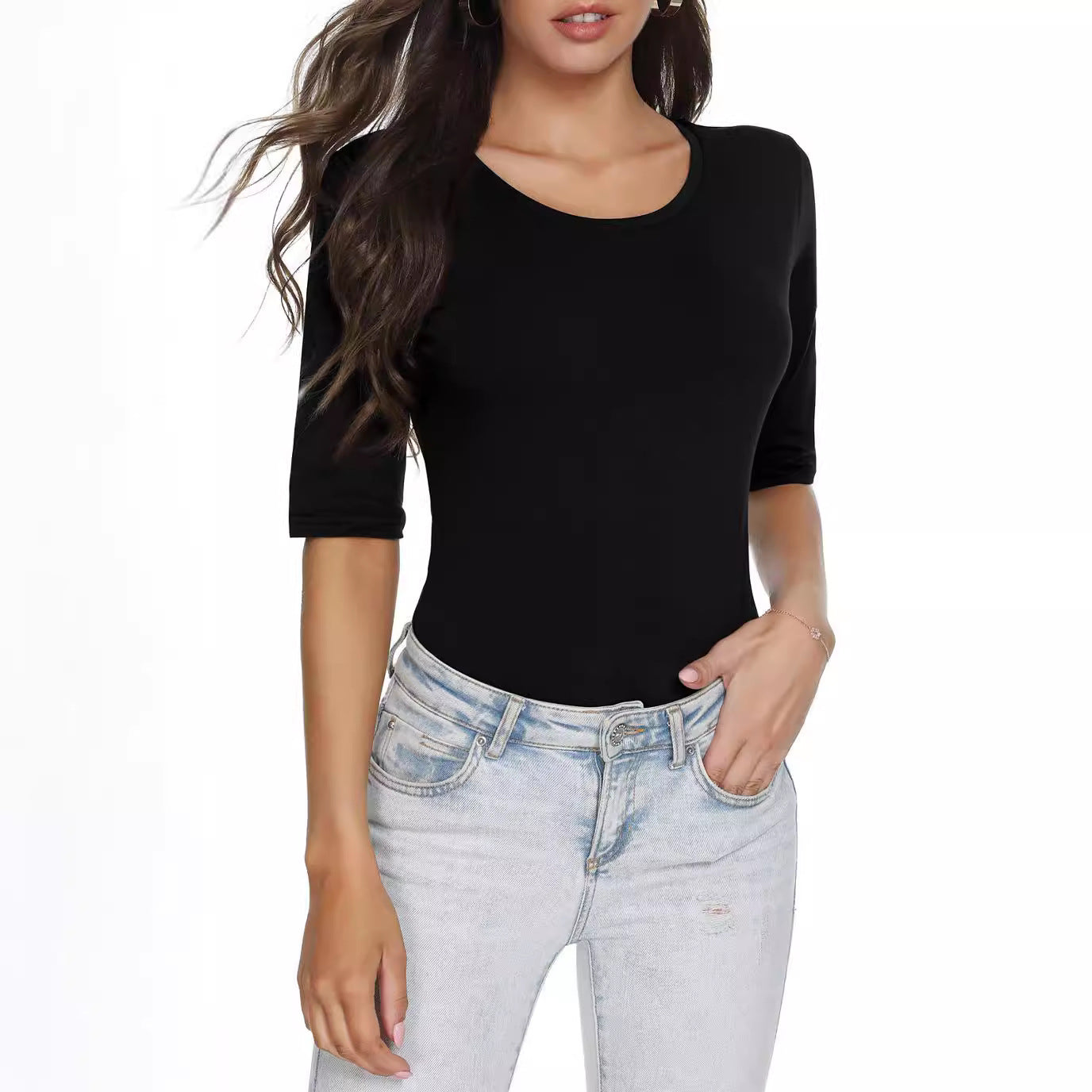 Half Sleeve Shirt Solid Basic Slim Blouses