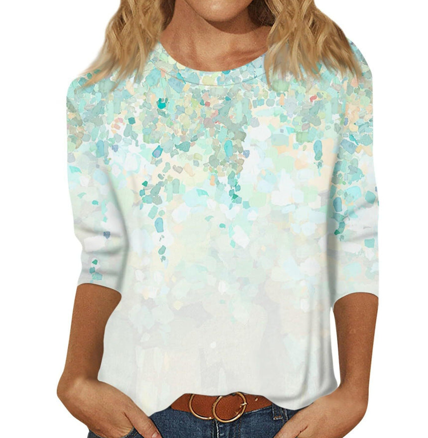 Women's Printed Solid Color Three-quarter Length Sleeve Blouses