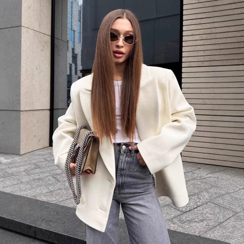Women's French Retro Old Money Style Beige Woolen Winter Lapel Coats