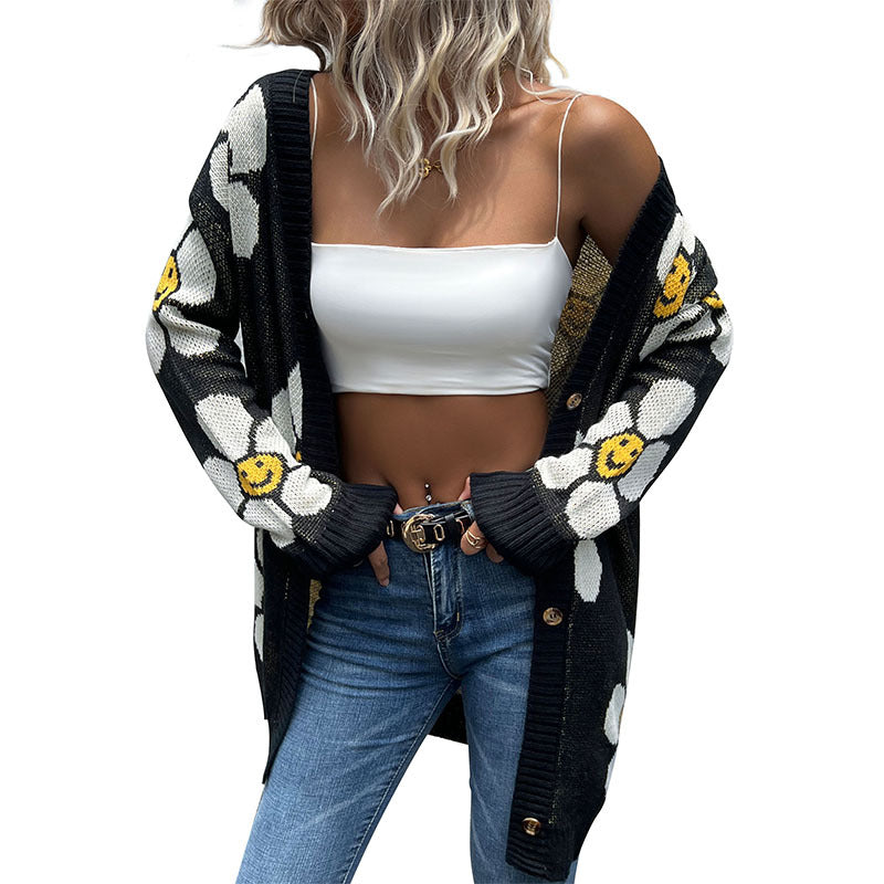 Women's Fashion Wear Flower Long Sleeve Mid-length Knitwear