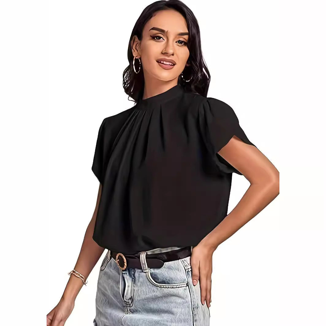 Women's Pleated Wrap Sleeve Arc Lock Hole Blouses