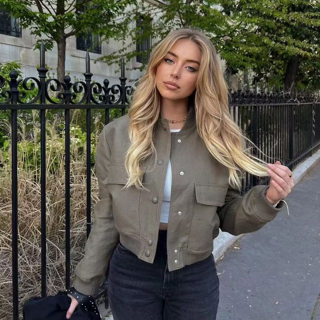 Women's Color Stand Collar Large Pocket Coats