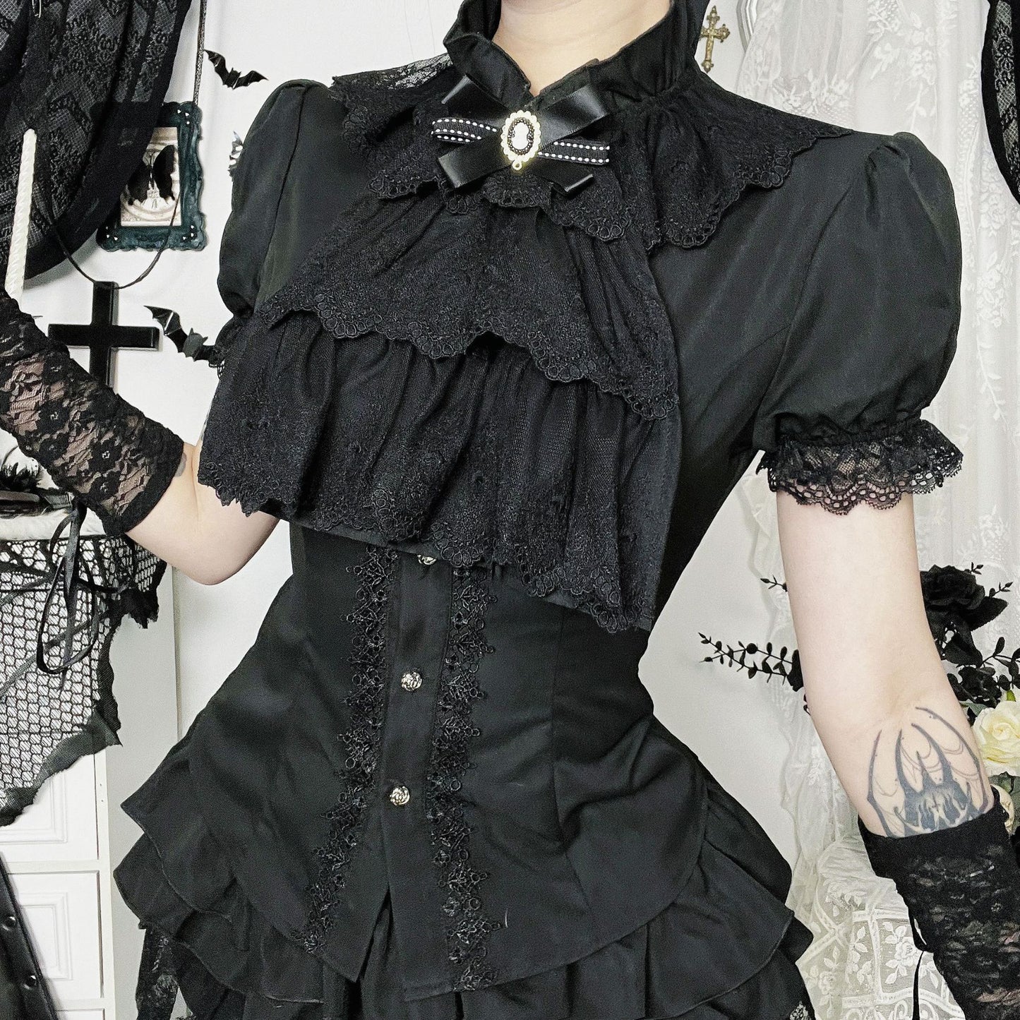 Women's Goth Style Sexy Lace Stitching Shirt Blouses