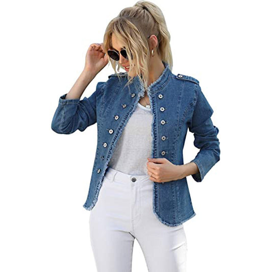 Women's Denim Single-breasted Stand Collar Solid Color Jackets