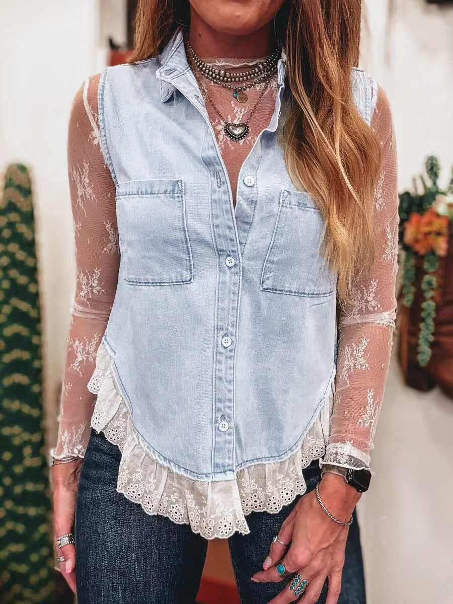 Elegant Russian Lace Stitching Denim Sleeveless Tops