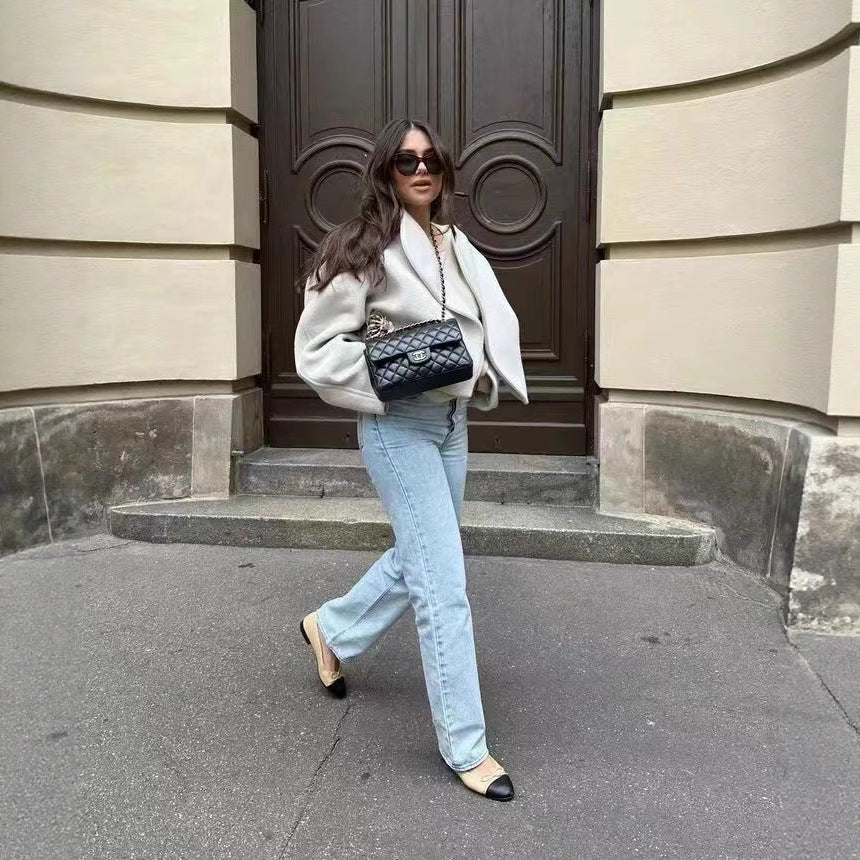 Women's White Design Fashion Polo Collar Coats