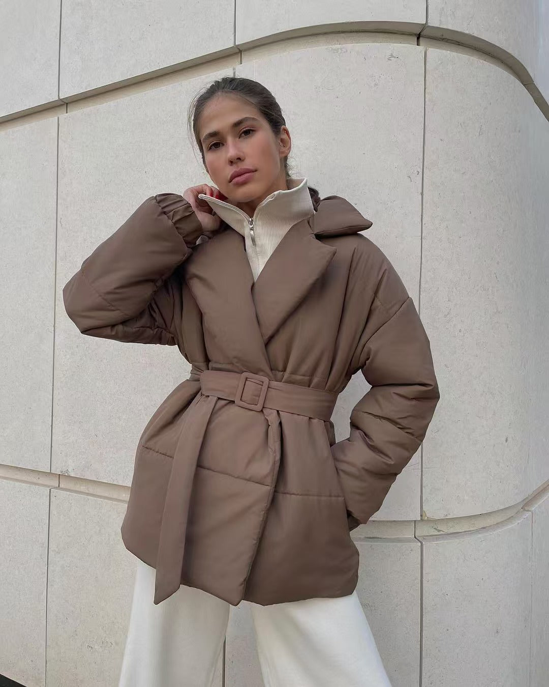 Women's Solid Color Long-sleeved Cotton Thickened Pocket Coats
