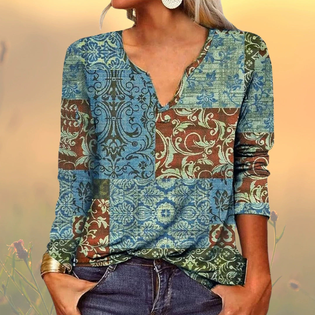 Women's Casual Loose Long-sleeved Geometric Floral Button Blouses