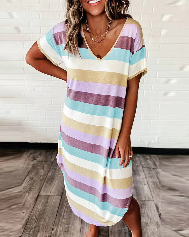 Women's Summer Loose Striped Printed Sleeve Long Dress