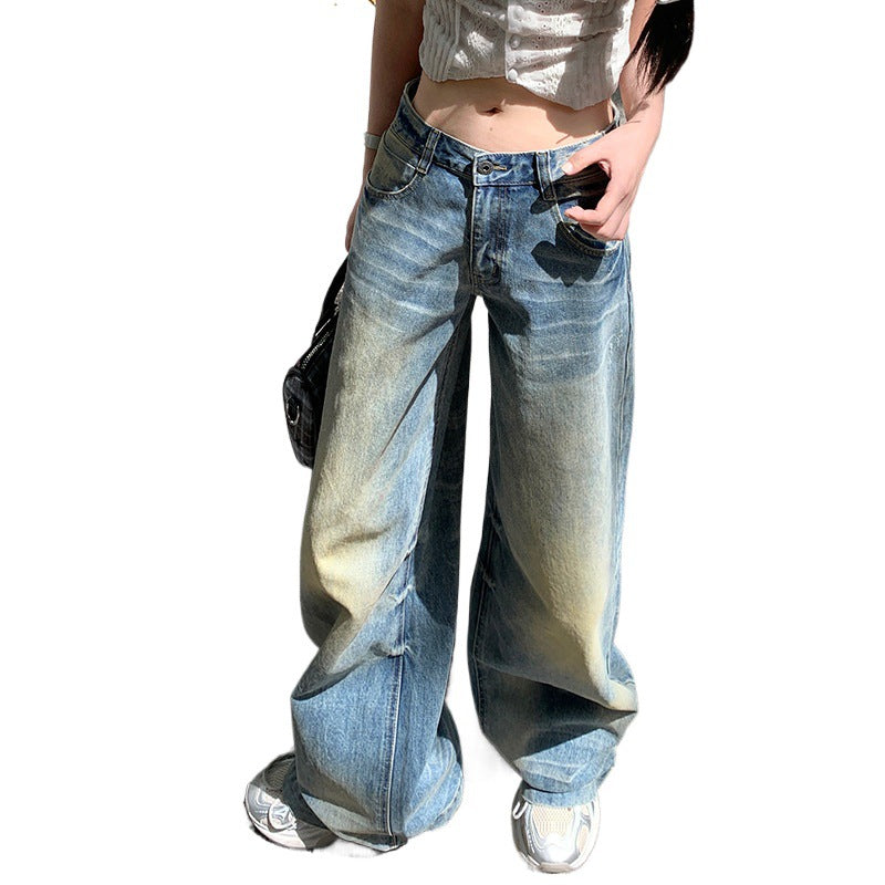 American Style Nostalgic Yellow Washed Straight Jeans