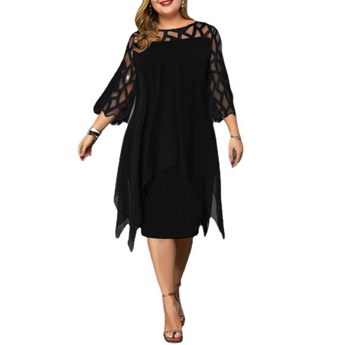 Lace Stitching Sleeve Irregular Hem Chiffon Dresses