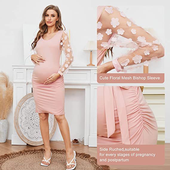 Women's Flower Long Sleeve Stretch Round Neck Dresses