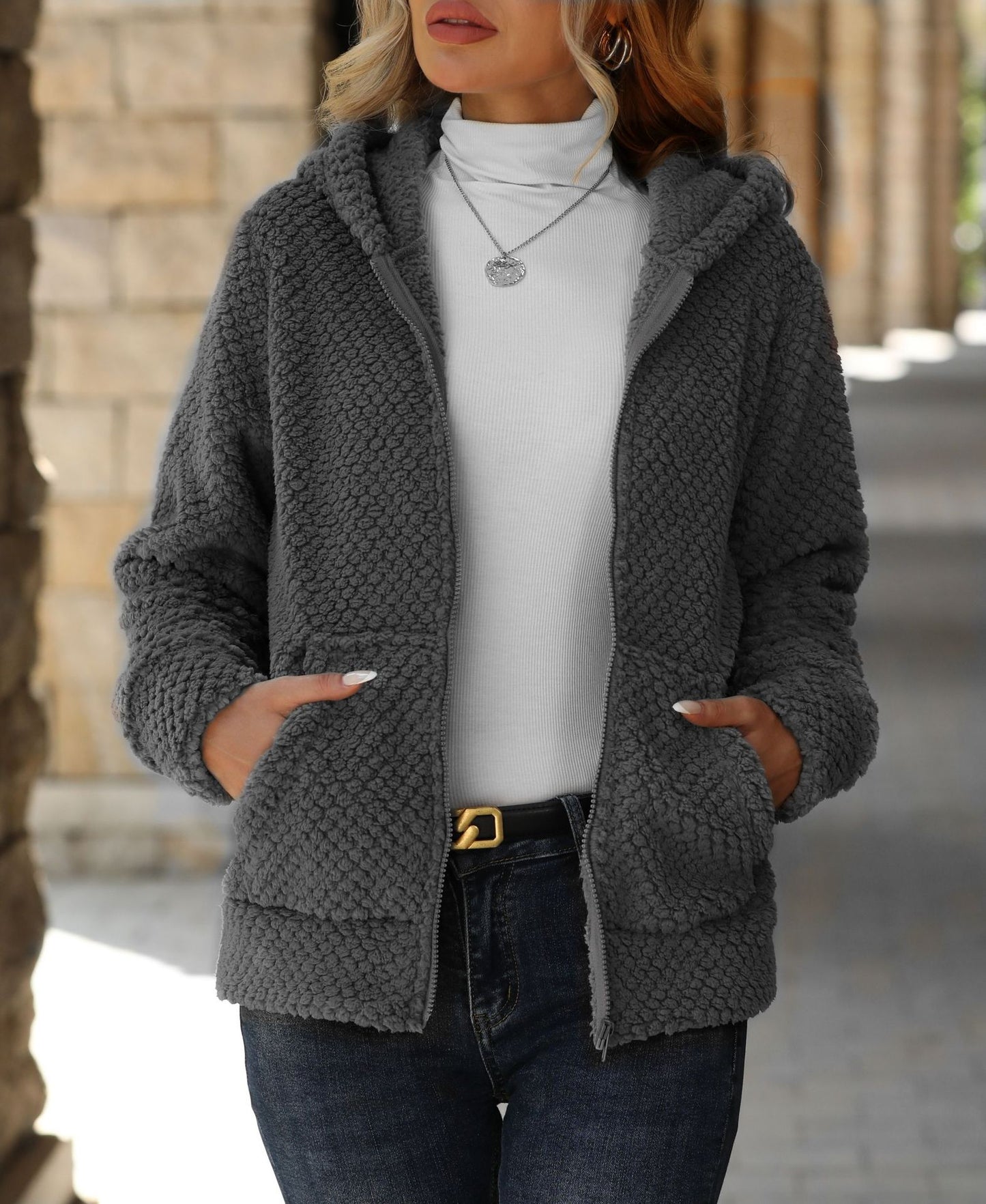 Women's Shiny Veet Loose Pockets Hooded Zip Coats