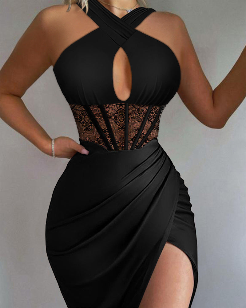 Women's Black Satin Stitching Lace Girdle Tight Pants