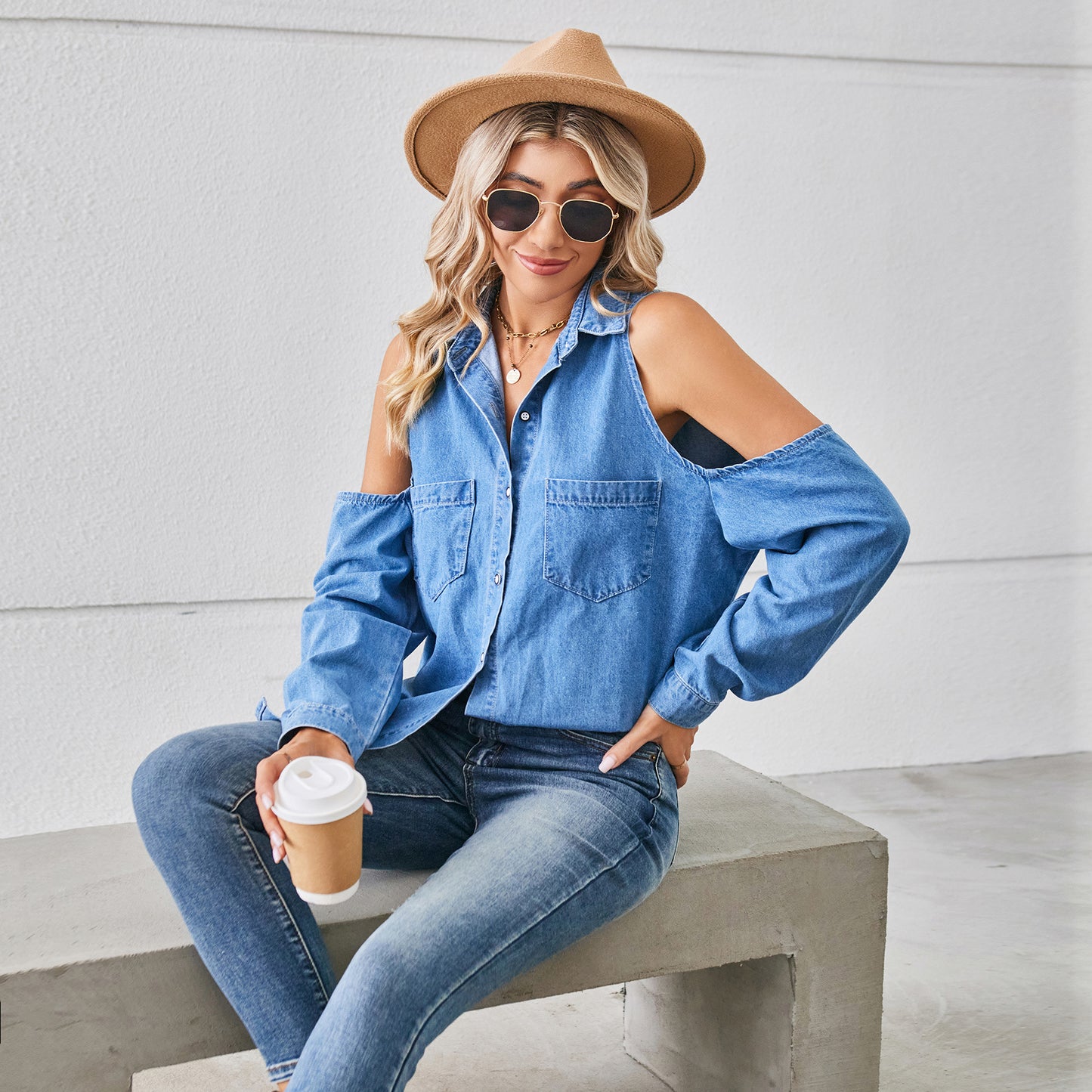 Women's American Hot Leisure Washed-out Denim Long Blouses