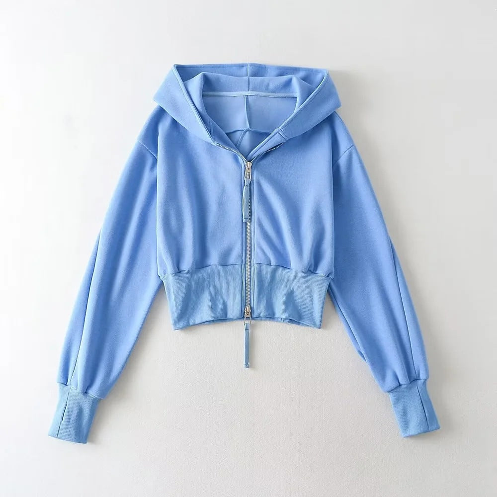 Women's Spring Double Zipper Stitching Hooded High Sweaters