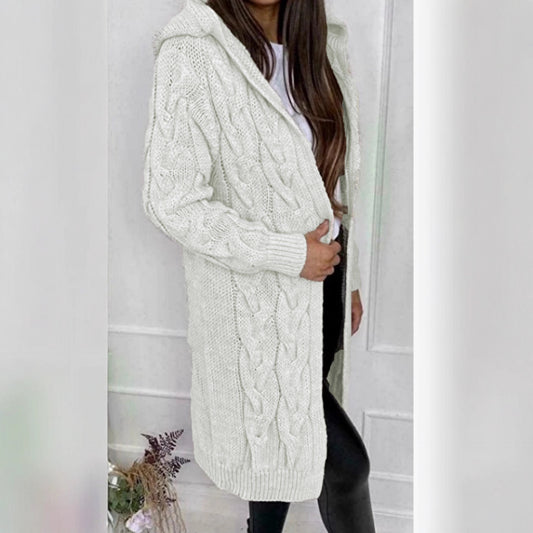 Mid-length Solid Color Twist Hooded Knit Knitwear