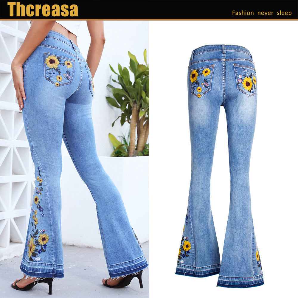 Women's Fashion Flared Three-dimensional Embroidered Trousers Jeans