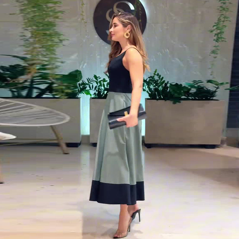 Women's Summer Shoulder Strap Color Stitching Casual Dresses