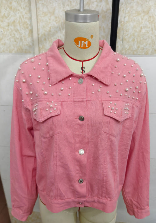 Women's Beaded Denim Pearl Baggy Casual Coats