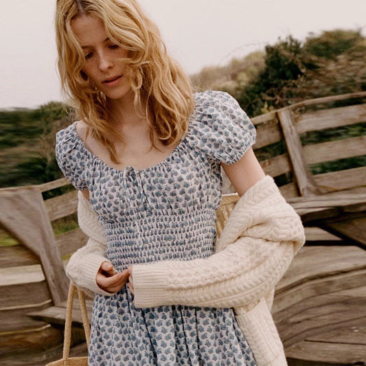 Women's Floral Square Collar Cotton Holiday Midi Dress Dresses