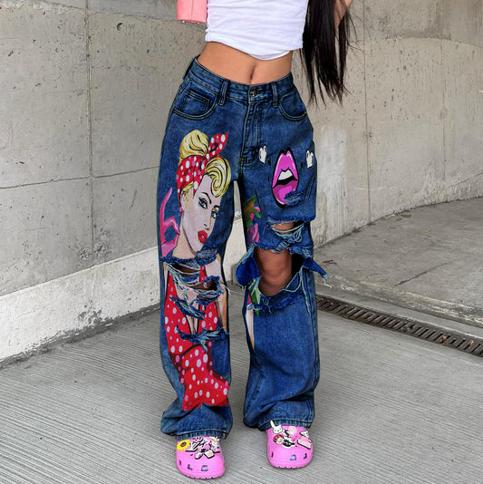 Women's Washed High Waist Wide Leg Fashion Printing Jeans