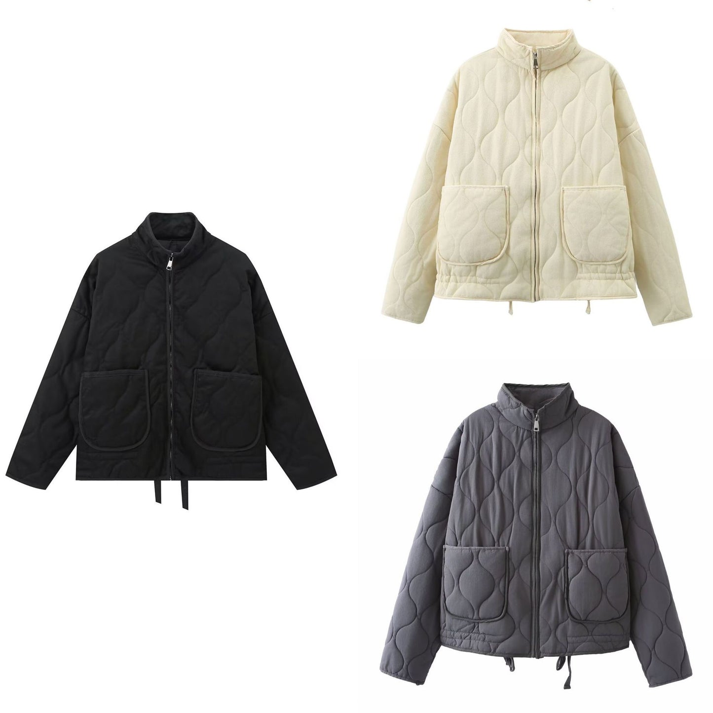 Women's Color Stand Collar Zipper Large Pocket Jackets