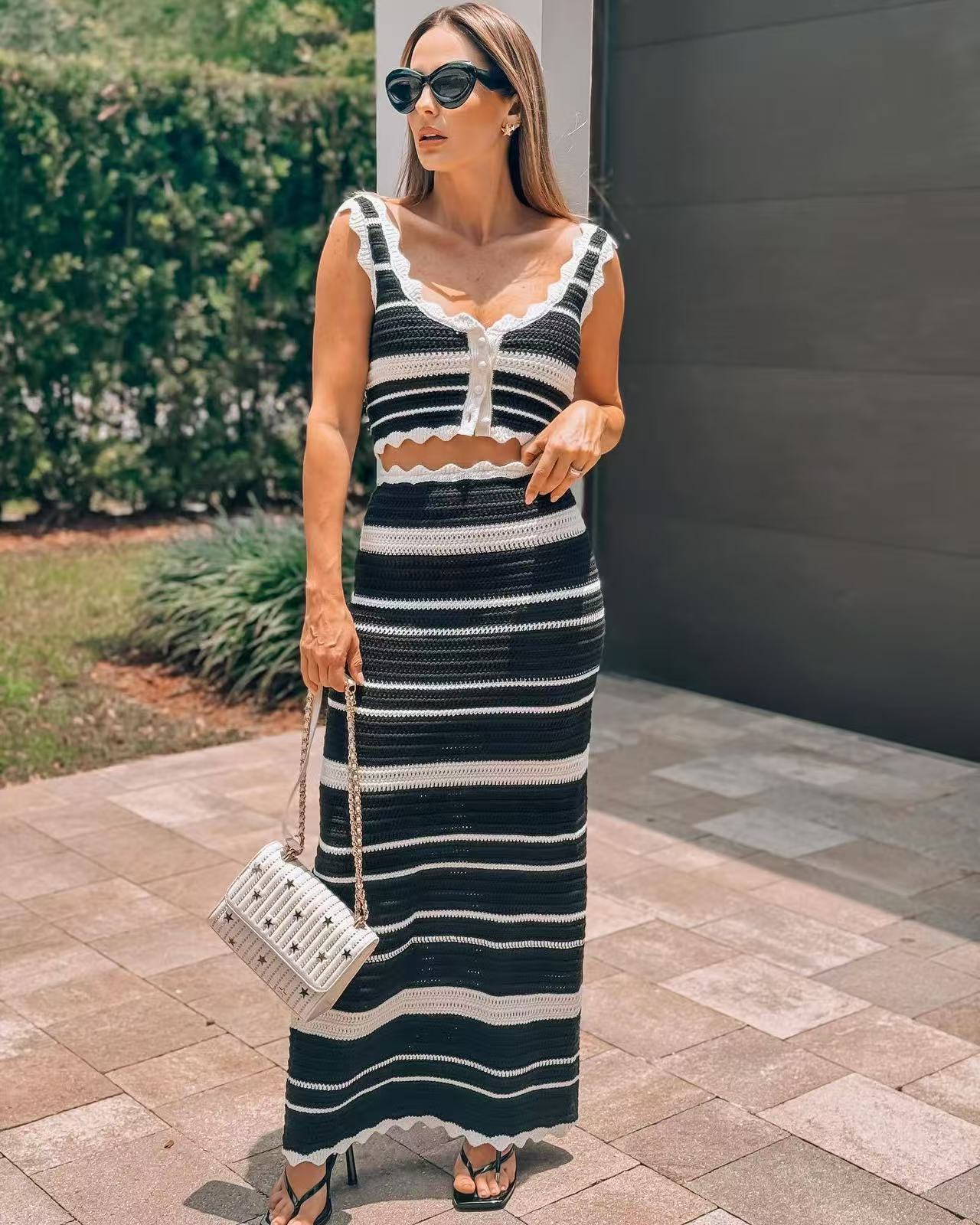 Women's Fashion Striped Knitted High Waist Contrast Suits