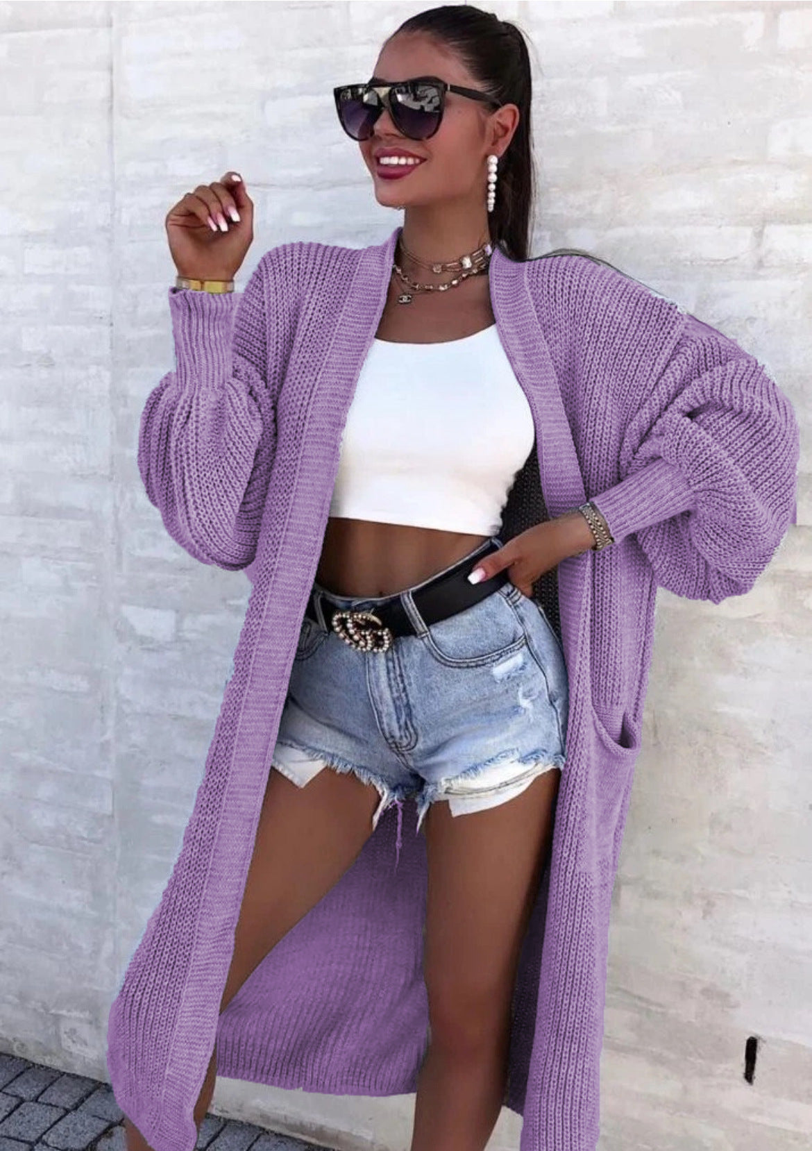 Women's Versatile Thick Needle Pocket Long Solid Knitwear