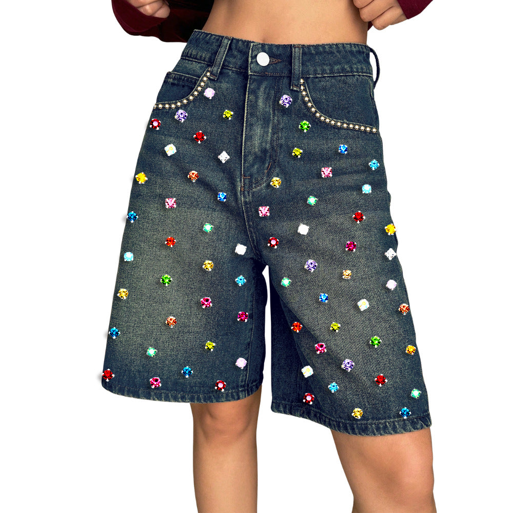 Women's High Waist Loose Points Stretch Diamond Jeans
