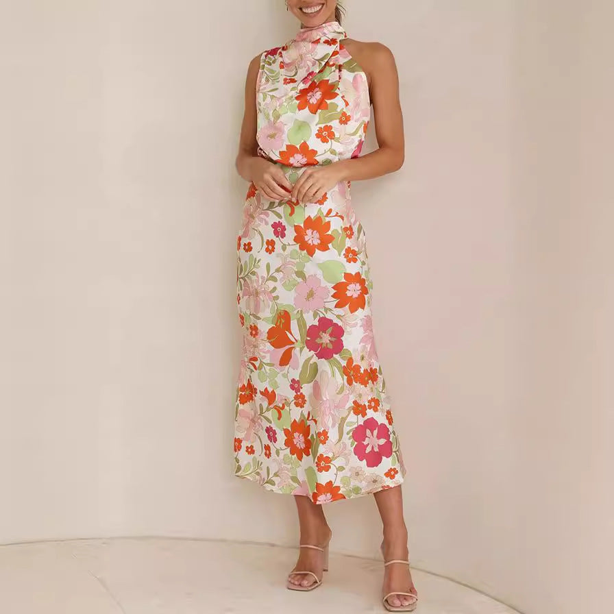 Women's Mature Elegant Sleeveless Strap Printing Satin Dresses