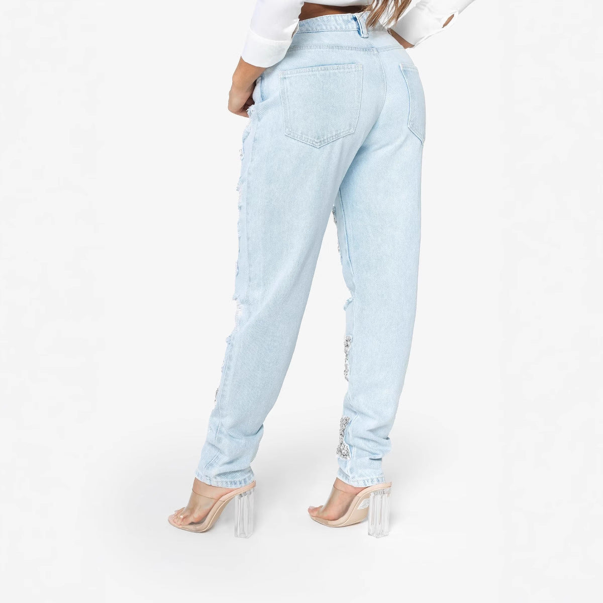 Women's Spring Fashion Wear Ripped Rhinestone Straight Jeans