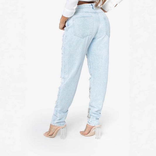 Women's Spring Fashion Wear Ripped Rhinestone Straight Jeans