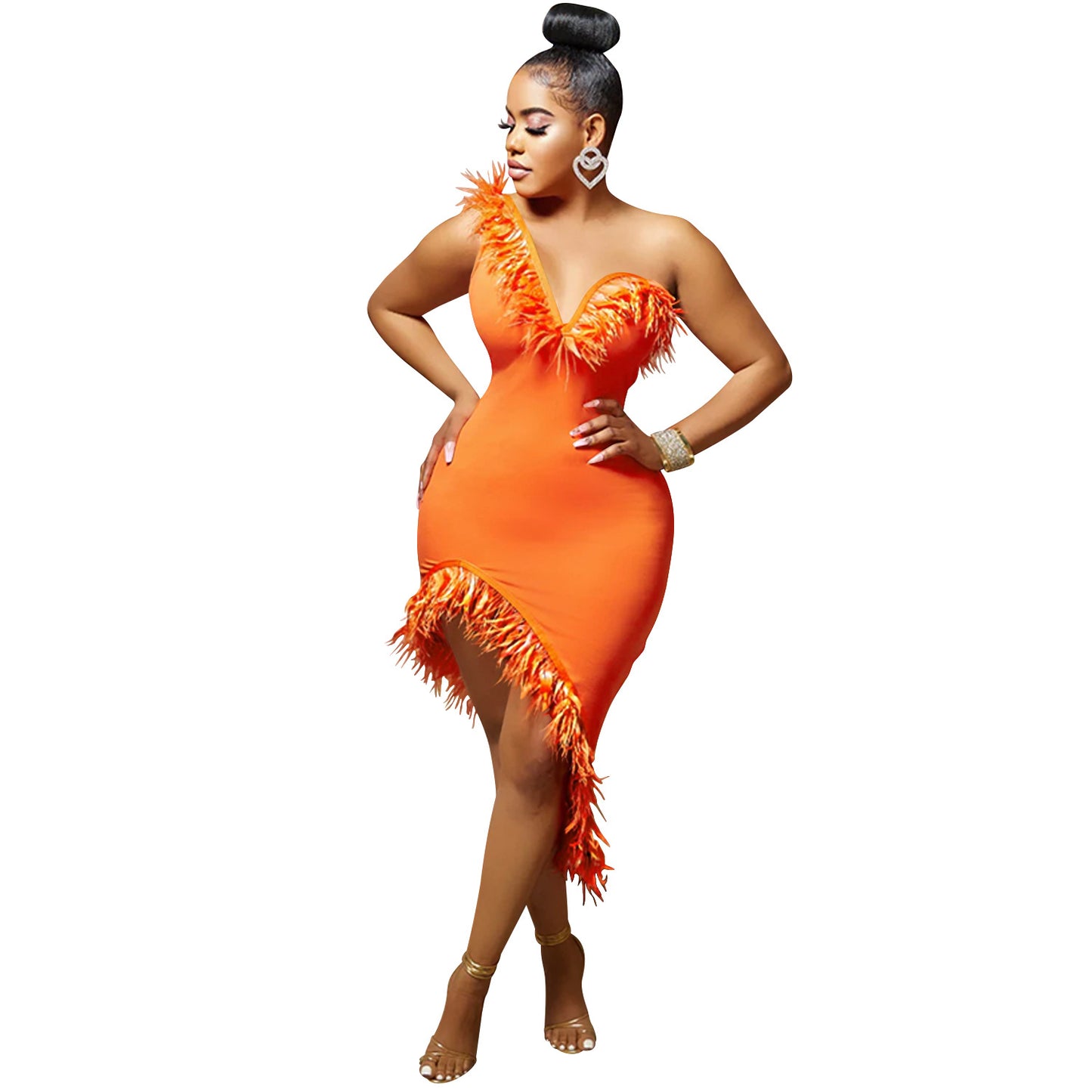 Solid Color Sleeveless Feather Irregular Midi Dresses