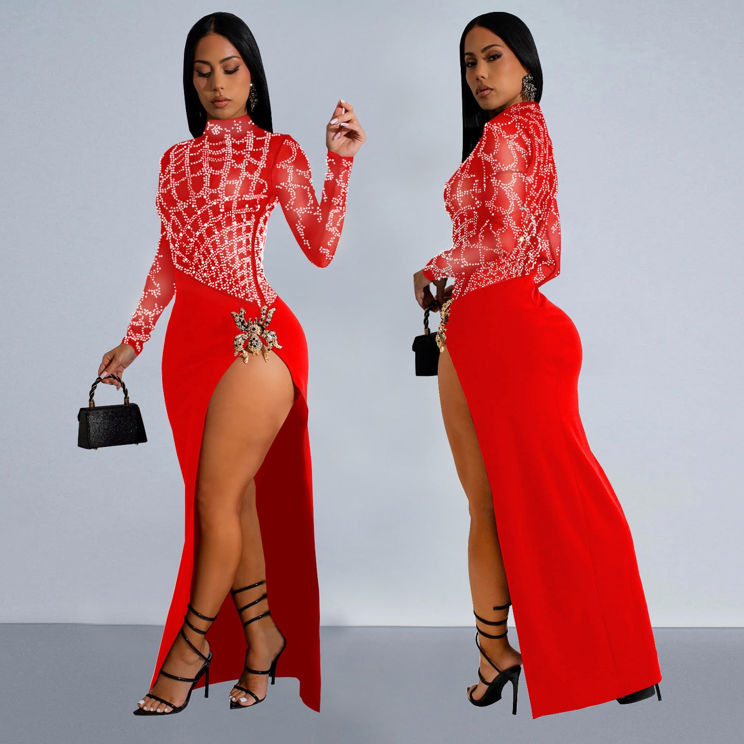 Women's Wear Rhinestone Sexy Cutout Long Sleeve Dresses