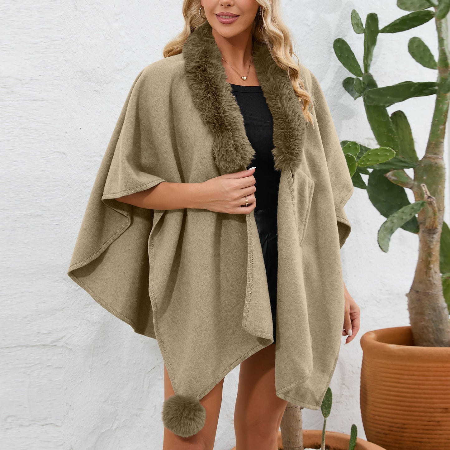 Women's Fur Collar Cape Shawl Female Loose Knitted Coats