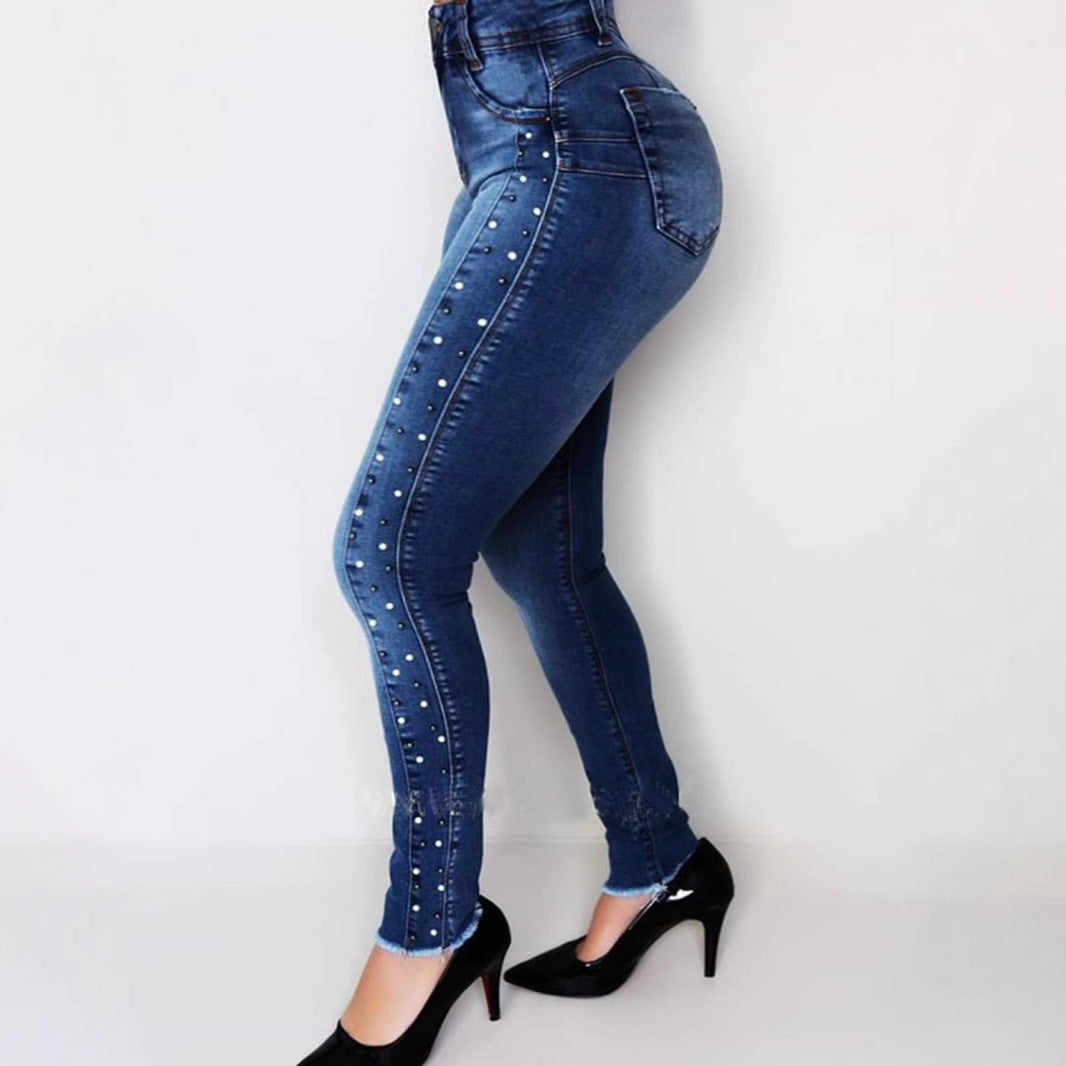 High Waist Rhinestone Beaded Hip Lifting Jeans