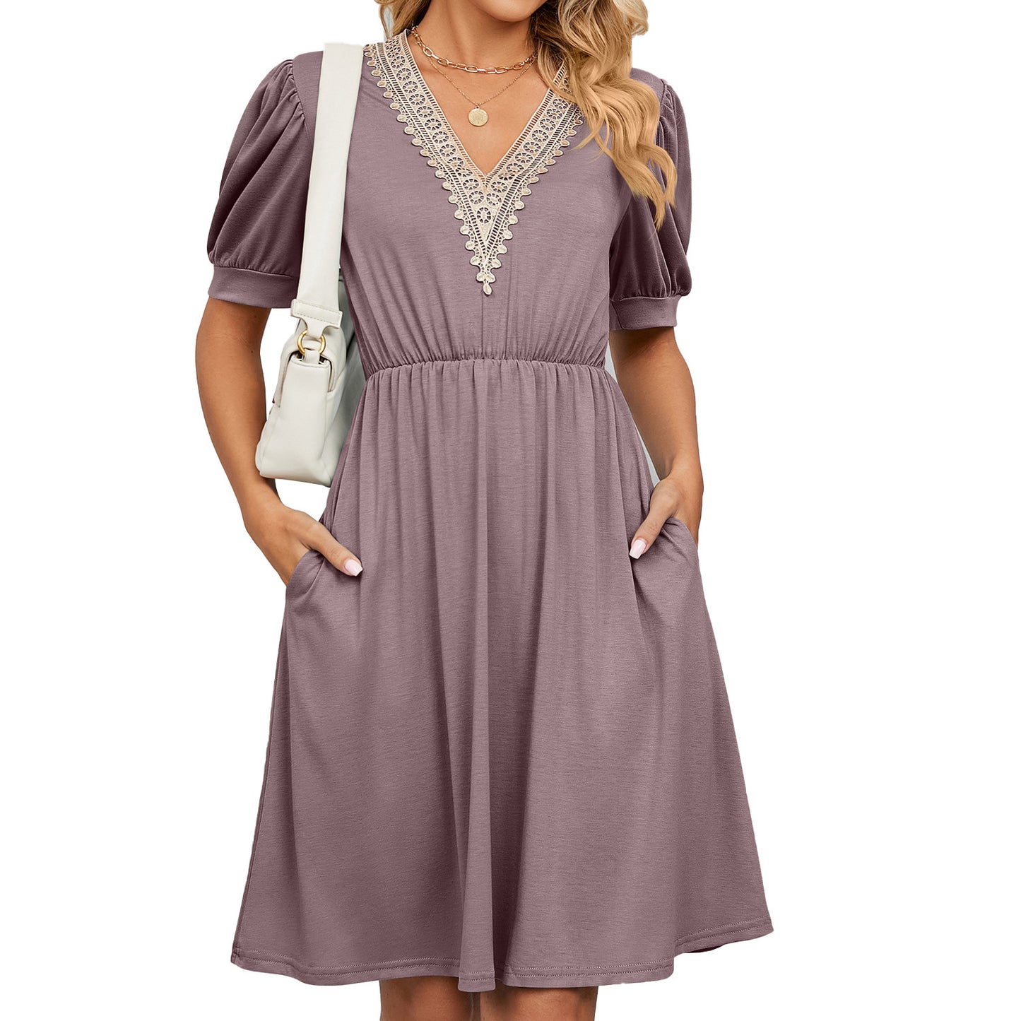 Solid Color Lace Patchwork Sleeve Pocket Dresses