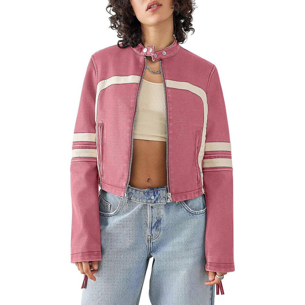 Women's Fashion Leather Color Contrast Patchwork Midriff Jackets