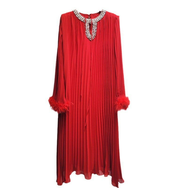 Women's Australian Fashion Beaded Feather Sleeve Long Autumn Hollow Pleated Dresses