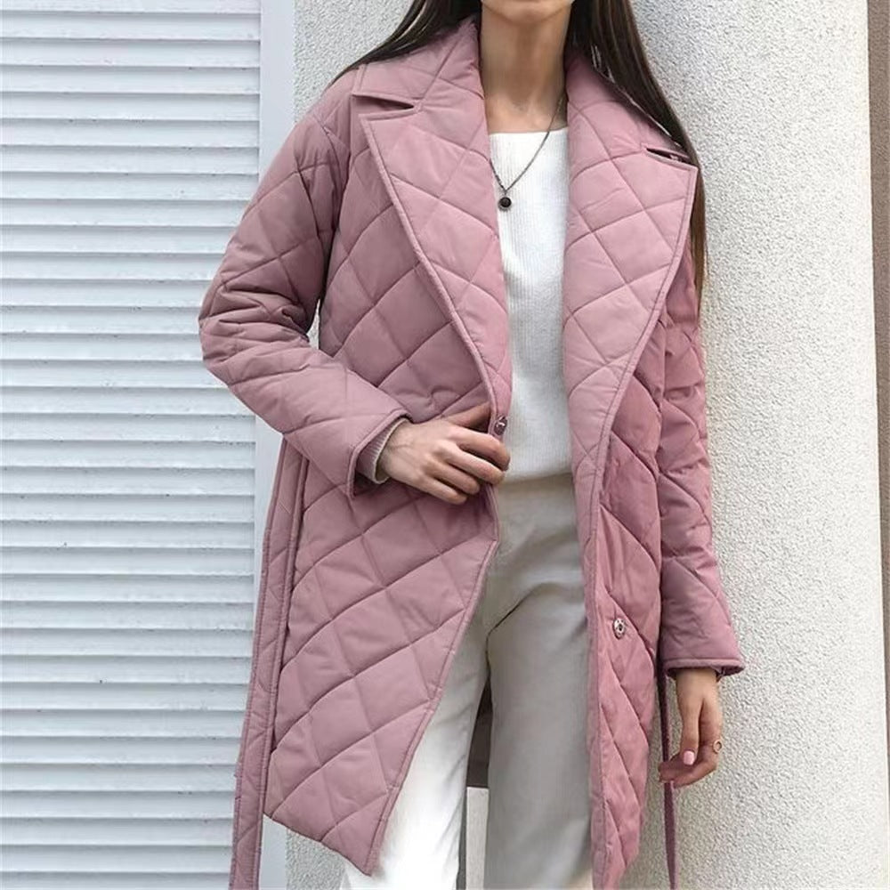 Lapel Mid-length Breasted Belt Fashion Diamond Coats