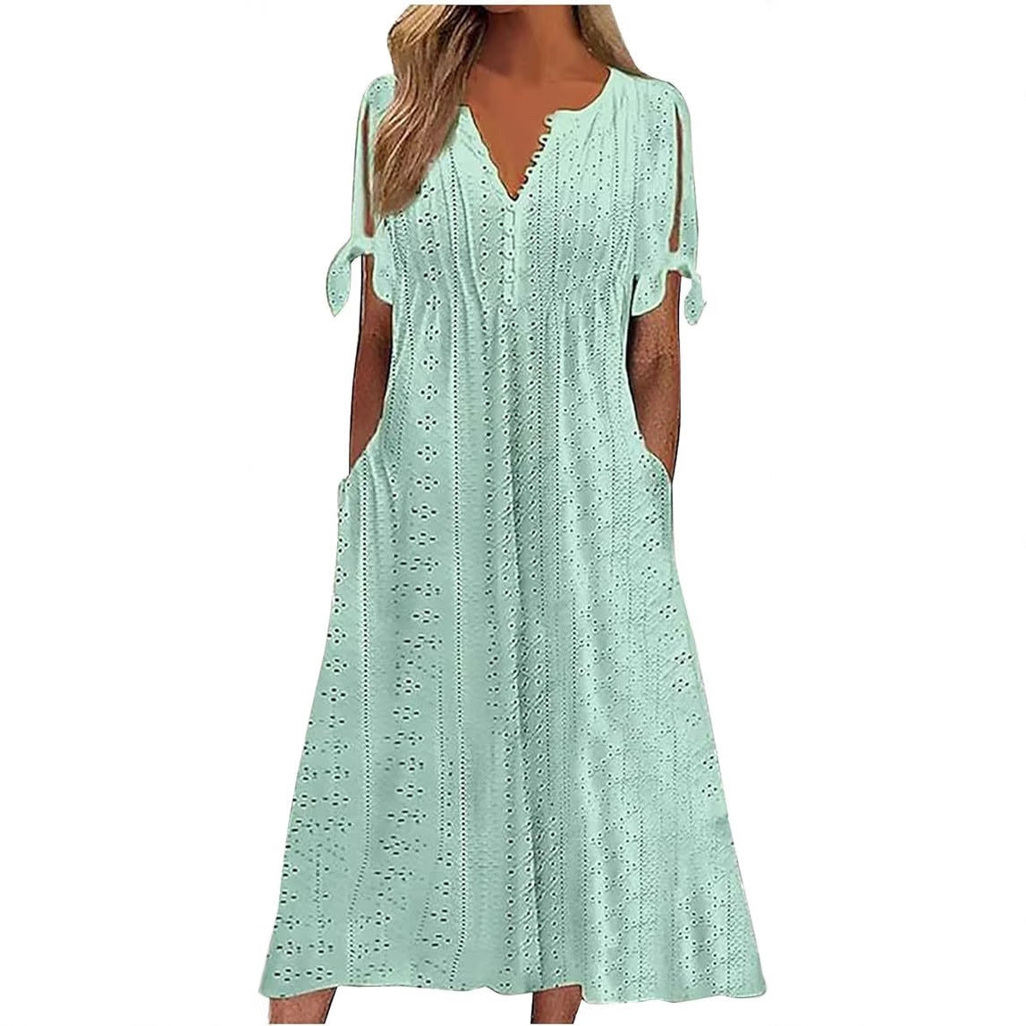Women's Single Breasted Cuff Knotted Sleeve Eyelet Dresses